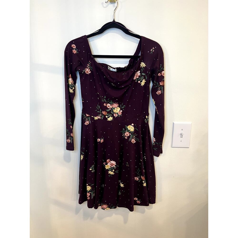 Nine Britton Burgundy Floral Dress Long Sleeve Fit & Flare Cottagecore Romantic